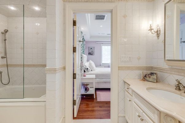 Bathroom, Glass Shower, Interior, Recessed Lighting, Wood Texture Flooring