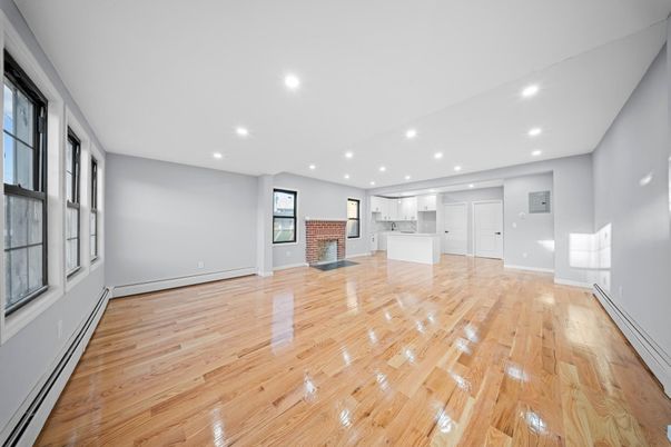 Empty room, Interior, Kitchen, Recessed Lighting, Wood Texture Flooring