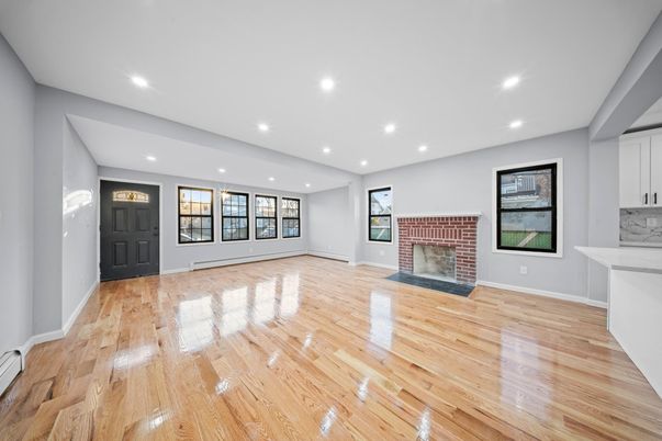 Empty room, Fireplace, Interior, Recessed Lighting, Wood Texture Flooring