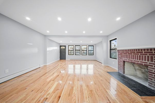 Empty room, Fireplace, Interior, Recessed Lighting, Wood Texture Flooring