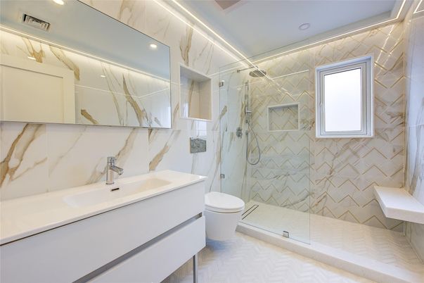 Bathroom, Glass Shower, Interior, Marble Walls, Recessed Lighting