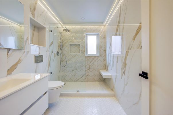Bathroom, Glass Shower, Interior, Marble Walls, Recessed Lighting