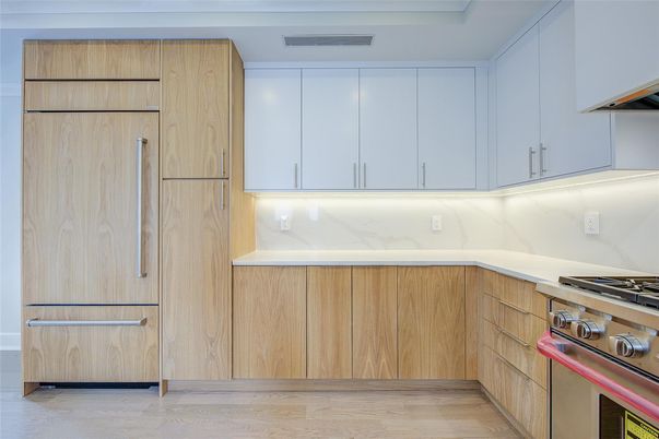 Interior, Kitchen, Marble Walls, Stainless Steel Appliances, Wood Texture Flooring