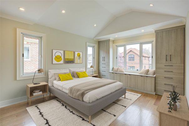 Bedroom, Interior, Recessed Lighting, Wood Texture Flooring