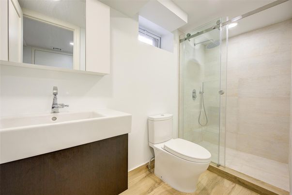 Bathroom, Glass Shower, Interior, Recessed Lighting, Wood Texture Flooring