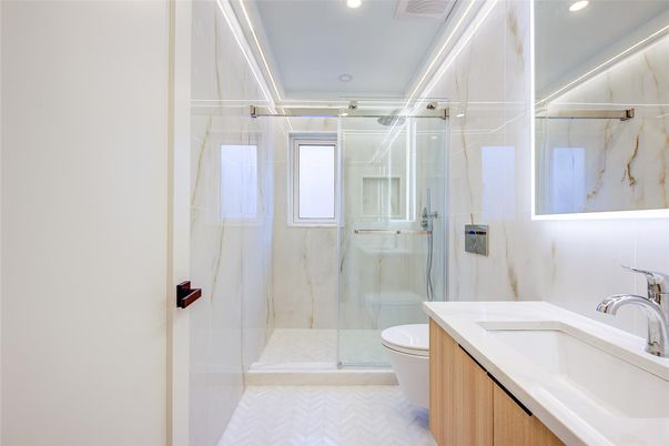 Bathroom, Glass Shower, Interior, Recessed Lighting
