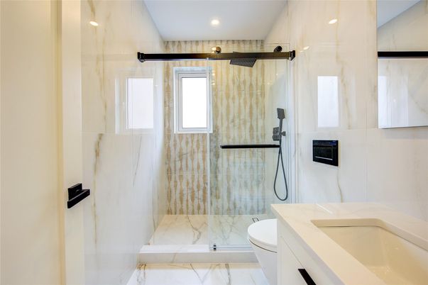 Bathroom, Glass Shower, Interior, Marble, Recessed Lighting
