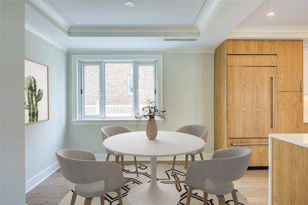 Dining room, Interior, Recessed Lighting, Wood Texture Flooring