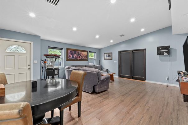 Dining room, Interior, Living room, Recessed Lighting, Wood Texture Flooring