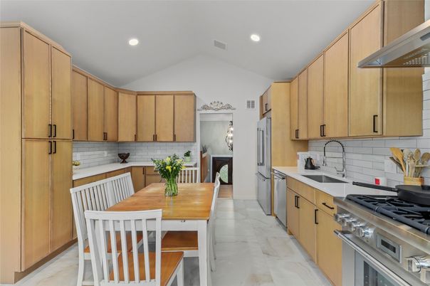 Dining room, Interior, Kitchen, Marble, Recessed Lighting, Stainless Steel Appliances