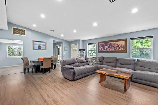 Dining room, Interior, Living room, Recessed Lighting, Wood Texture Flooring