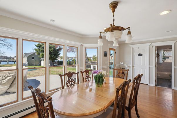 Dining room, Interior, Recessed Lighting, Wood Texture Flooring