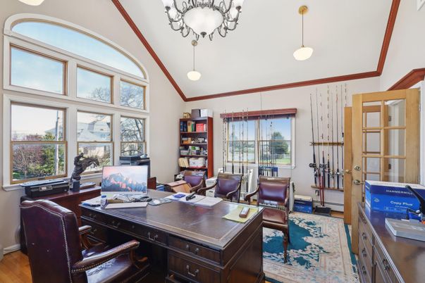Chandelier, Home Office, Interior, Pendant Lights, Wood Texture Flooring