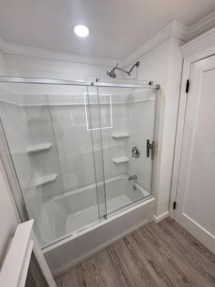 Bathroom, Glass Shower, Interior, Recessed Lighting, Wood Texture Flooring