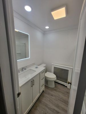 Bathroom, Interior, Recessed Lighting, Wood Texture Flooring