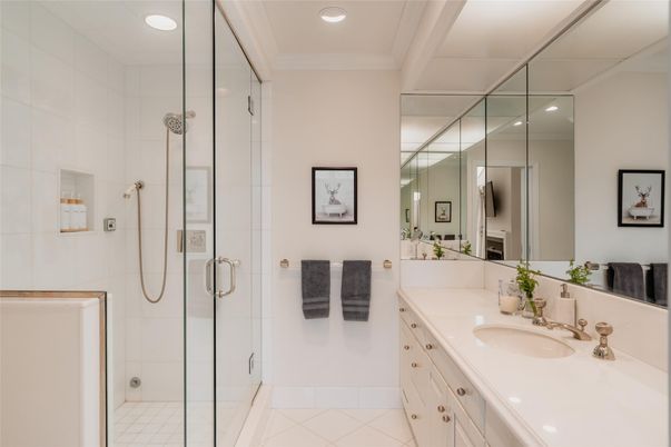 Bathroom, Dual Sink Vanities, Glass Shower, Interior, Recessed Lighting