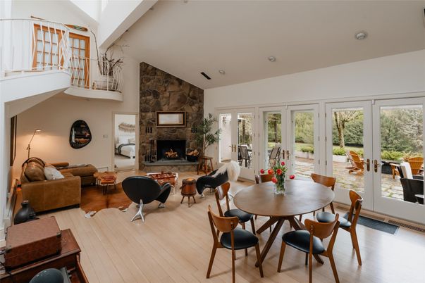 Dining room, Fireplace, Interior, Living room, Stone Walls, Wood Texture Flooring