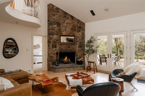 Fireplace, Interior, Living room, Stone Walls, Wood Texture Flooring