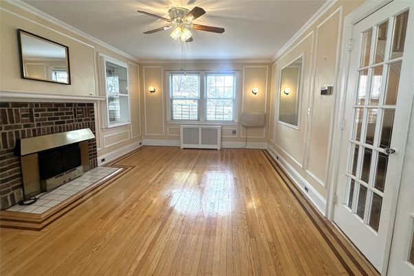 Empty room, Fireplace, Interior, Stone Walls, Wood Texture Flooring