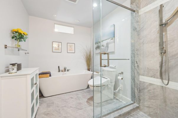 Bathroom, Free Standing Baths, Glass Shower, Interior, Marble Walls, Recessed Lighting