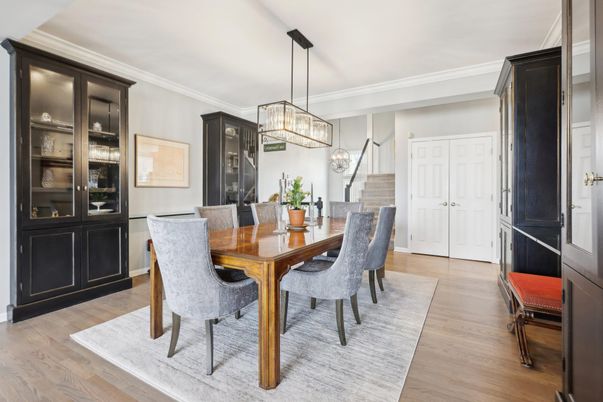 Chandelier, Dining room, Interior, Pendant Lights, Wood Texture Flooring