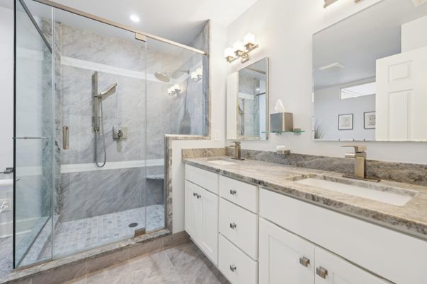 Bathroom, Dual Sink Vanities, Glass Shower, Interior, Marble Walls, Recessed Lighting