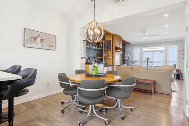 Dining room, Interior, Living room, Pendant Lights, Recessed Lighting, Wood Texture Flooring