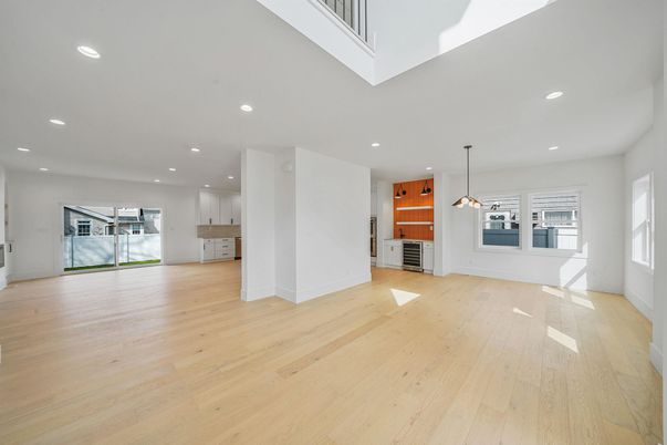 Empty room, Interior, Kitchen, Pendant Lights, Recessed Lighting, Wood Texture Flooring