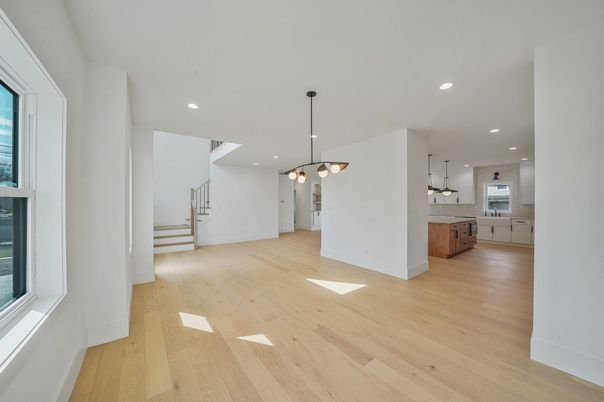 Empty room, Interior, Kitchen, Pendant Lights, Recessed Lighting, Wood Texture Flooring