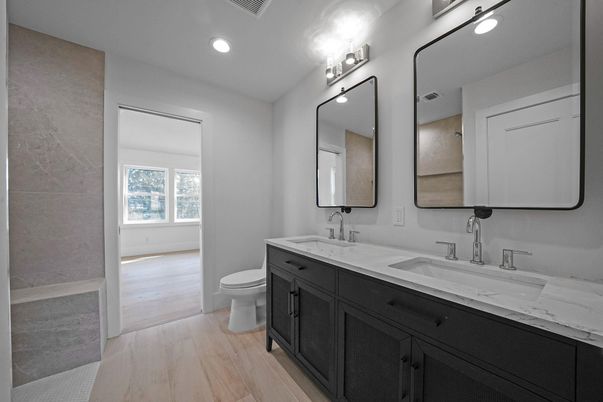 Bathroom, Dual Sink Vanities, Interior, Recessed Lighting, Wood Texture Flooring