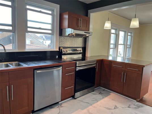 Interior, Kitchen, Marble, Pendant Lights, Stainless Steel Appliances