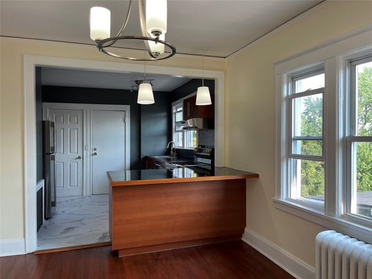 Interior, Kitchen, Marble, Pendant Lights, Wood Texture Flooring