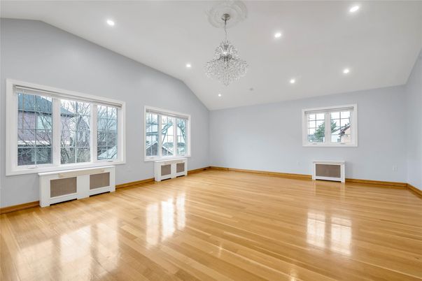 Chandelier, Empty room, Interior, Recessed Lighting, Wood Texture Flooring