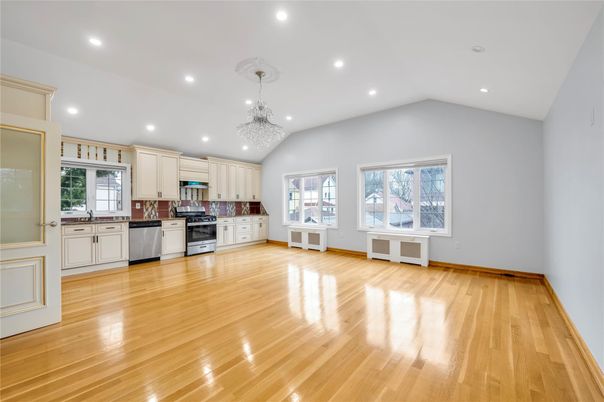 Chandelier, Interior, Kitchen, Recessed Lighting, Stainless Steel Appliances, Wood Texture Flooring