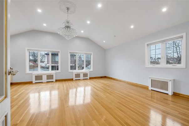 Chandelier, Empty room, Interior, Recessed Lighting, Wood Texture Flooring
