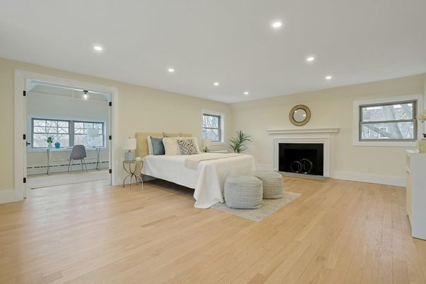 Bedroom, Fireplace, Interior, Recessed Lighting, Wood Texture Flooring