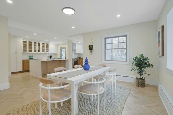 Dining room, Interior, Kitchen, Recessed Lighting, Wood Texture Flooring
