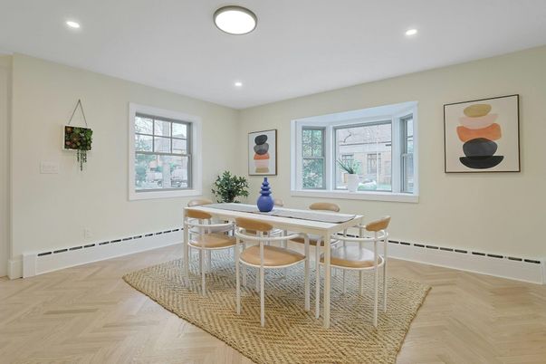 Dining room, Interior, Recessed Lighting, Wood Texture Flooring