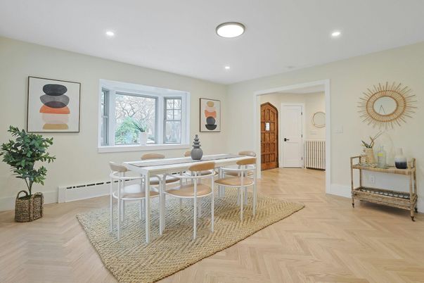 Dining room, Interior, Recessed Lighting, Wood Texture Flooring