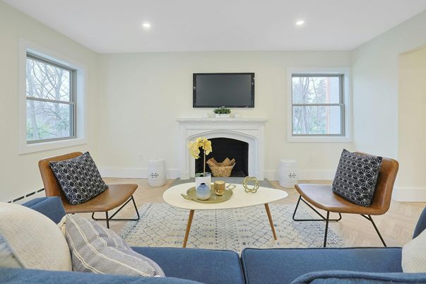 Fireplace, Interior, Living room, Recessed Lighting, Wood Texture Flooring