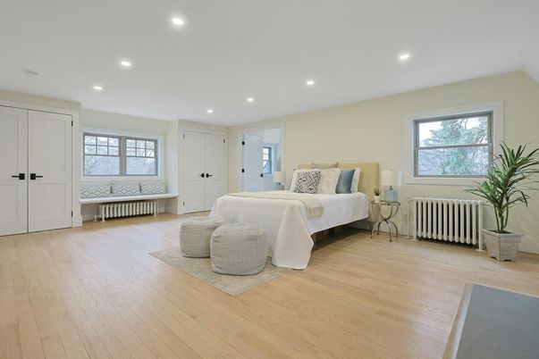 Bedroom, Interior, Recessed Lighting, Wood Texture Flooring