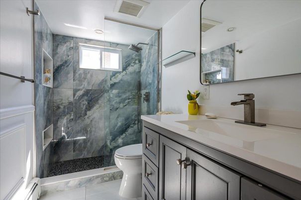 Bathroom, Glass Shower, Interior, Marble, Marble Walls, Recessed Lighting