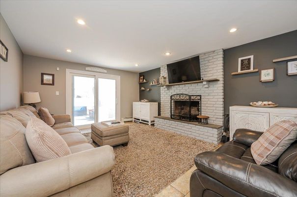 Fireplace, Interior, Living room, Recessed Lighting, Stone Walls