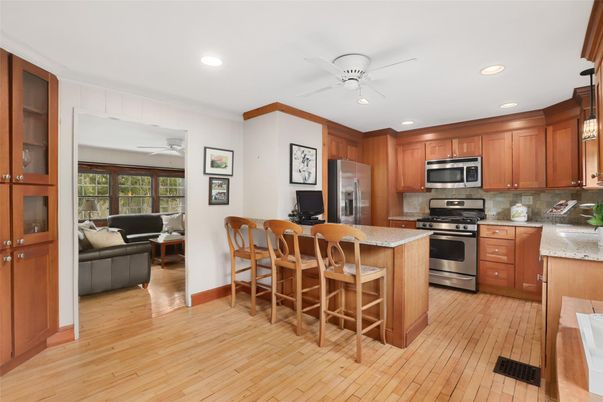 Interior, Kitchen, Living room, Recessed Lighting, Stainless Steel Appliances, Wood Texture Flooring