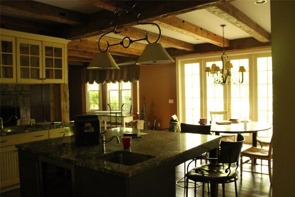 Chandelier, Dining room, Interior, Kitchen, Pendant Lights, Wooden Beams, Wood Texture Flooring