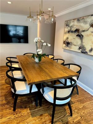 Dining room, Interior, Pendant Lights, Recessed Lighting, Wood Texture Flooring