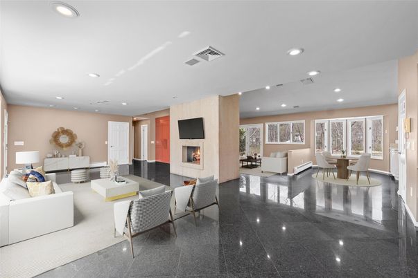 Dining room, Fireplace, Interior, Living room, Recessed Lighting