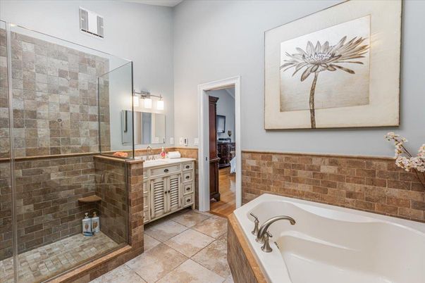 Bathroom, Dual Sink Vanities, Glass Shower, Interior, Stone Walls