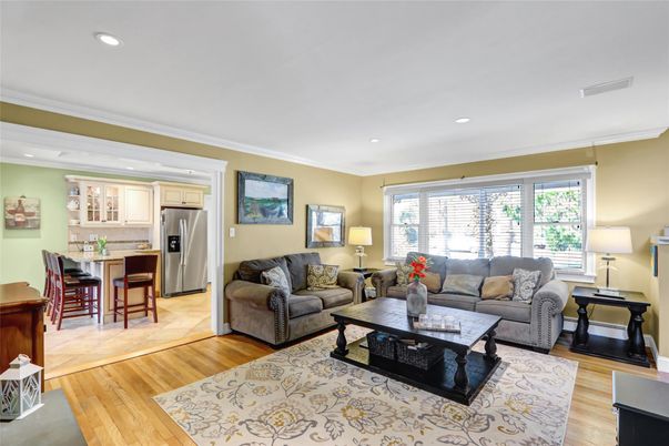Interior, Kitchen, Living room, Recessed Lighting, Stainless Steel Appliances, Wood Texture Flooring
