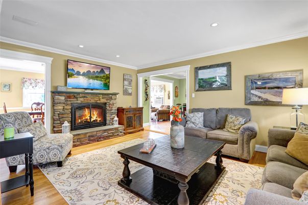 Fireplace, Interior, Living room, Recessed Lighting, Wood Texture Flooring